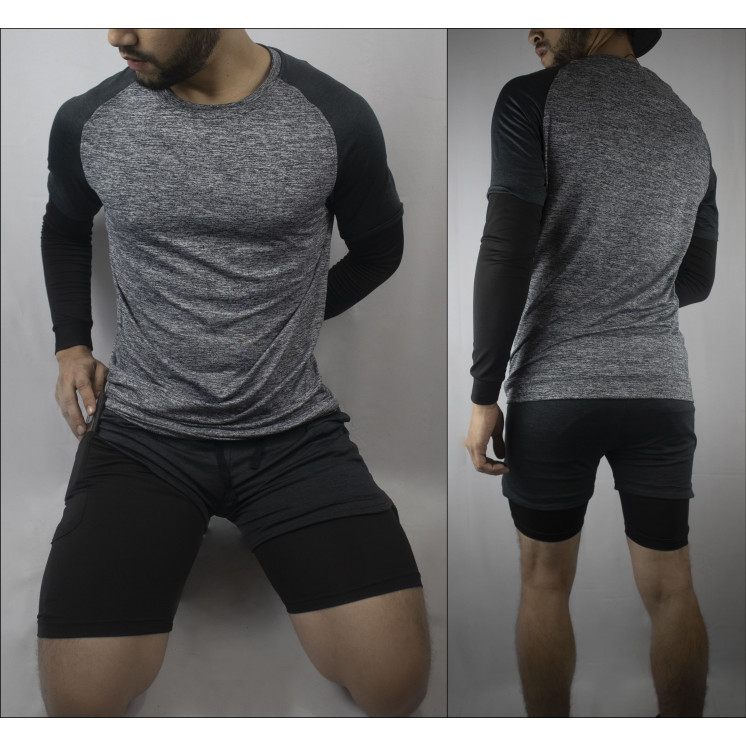 Conjunto PROMO deportivo Pantaloneta con licra Corta Gris + Camiseta Con licra