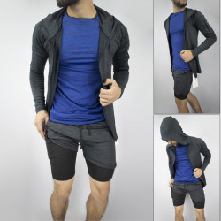 Conjunto deportivo Pantaloneta con licra Corta Negro+ Camiseta Azul + camibuzo