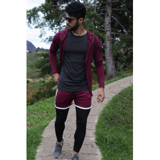 Conjunto deportivo Pantaloneta con licra Larga Vino + Camiseta Negro+ camibuzo Deportivo