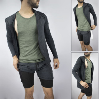 Conjunto deportivo Pantaloneta con licra Larga Negro + Camisilla + camibuzo Deportivo