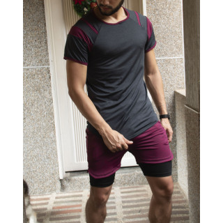 Conjunto deportivo Pantaloneta con licra corta  Vino + Camiseta negro