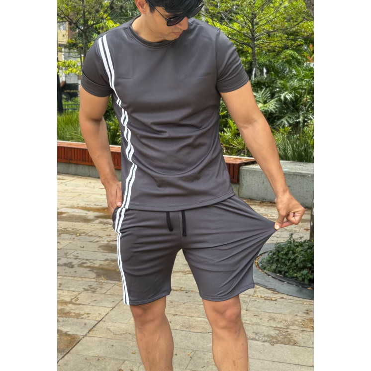 Conjunto deportivo GRIS 2 RAYAS Camiseta + Pantaloneta  Slim fit