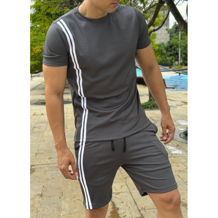 Conjunto deportivo GRIS 2 RAYAS Camiseta + Pantaloneta  Slim fit