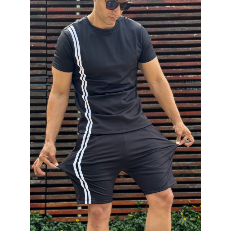 Conjunto deportivo NEGRO 2 RAYAS Camiseta + Pantaloneta  Slim fit